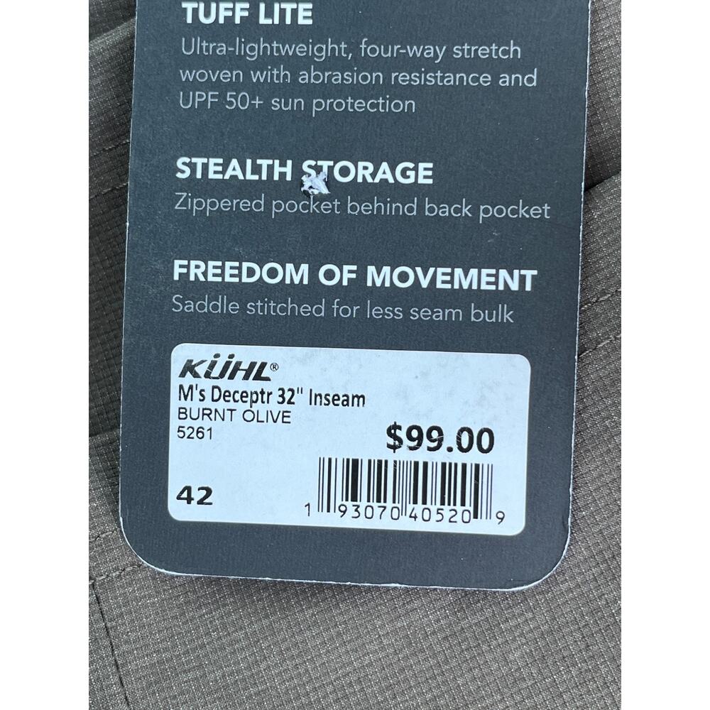 Kuhl Deceptr Pants 42x32 Burnt Olive UPF 50+ Tapered Stretch Hiking NWT - Picture 12 of 13